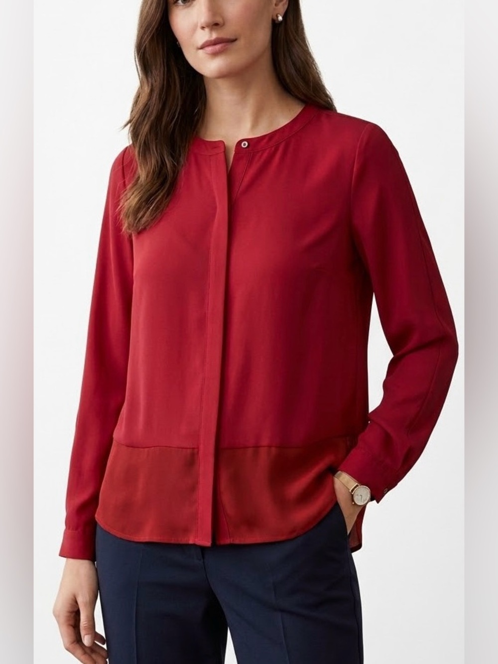 Ann Taylor Red Two-Tone Band-Collar Long Sleeve Blouse